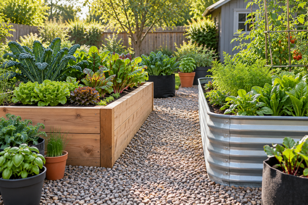 Fabric Grow Bag vs Plastic Pot: Which Container Is Better Value? Timber and metal raised garden beds with fabric grow bags and plant pots