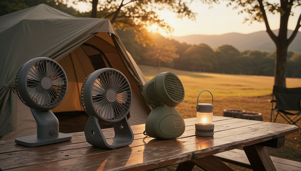 Compact tent fans on campsite table