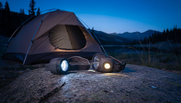 Rechargeable vs AAA Headlamp for Hiking and Camping Two backpacking headlamps at tent campsite