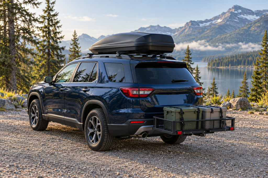 Roof Cargo Box vs Hitch Cargo Carrier: Which Fits Your Camping Road Trip? An SUV carrying a roof cargo box and a rear hitch cargo basket beside a lake