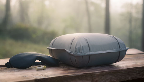 Camping Earplugs vs Sleep Mask: Which Helps More at Night? Sleep mask and foam earplugs beside camping pillow