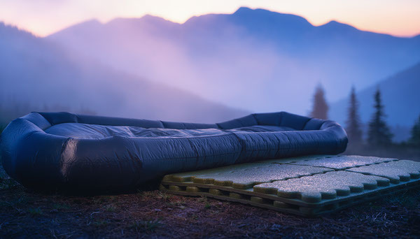 Foam Sleeping Pad vs Inflatable Pad: Best for Camping? Inflatable and foam sleeping mats at a mountain campsite