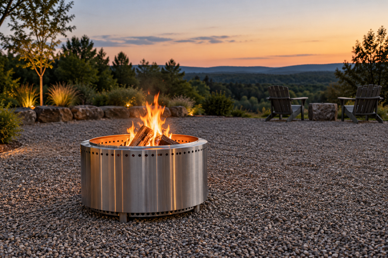 Illustrative stainless double-wall wood fire pit on an open gravel area
