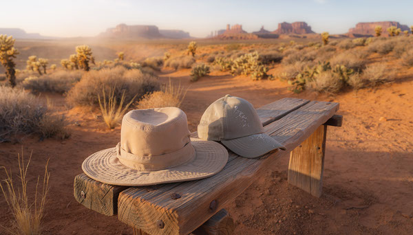 Wide-Brim Sun Hat vs Baseball Cap for Hiking Wide brim sun hat and baseball cap on trail