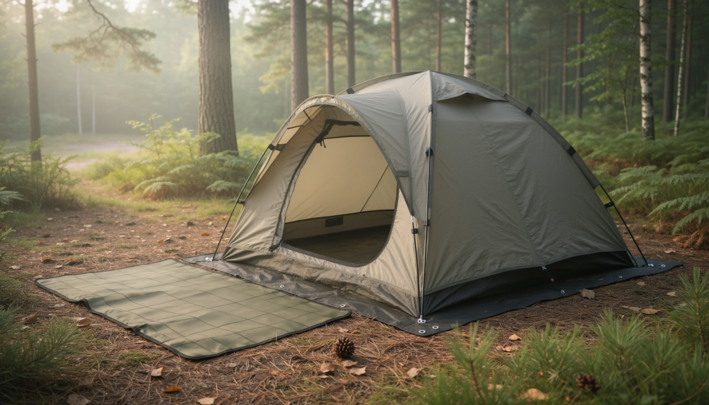 Camping tent ground footprint beside folded protective tarp