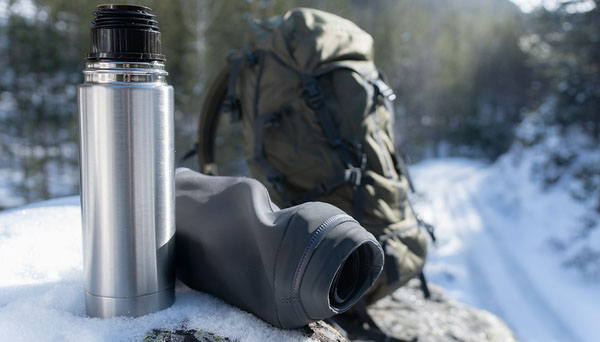 Thermos and water bottle sleeve on snowy trail
