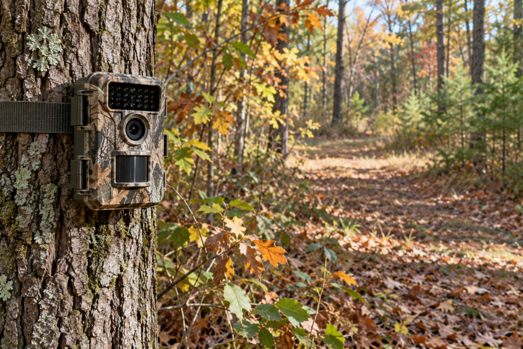 Illustrative trail camera strapped to a tree beside a woodland path