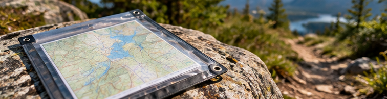 Waterproof trail map in clear map case resting on a rock
