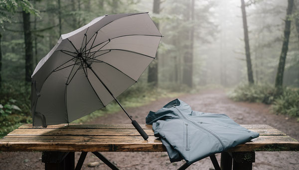 Trekking Umbrella vs Rain Jacket for Day Hiking Trekking umbrella and waterproof rain jacket on a forest trail